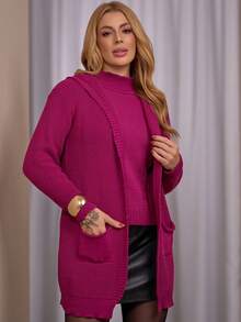Women's Winter Cardigan, Knitted Cardigan With Hood And Pockets, Long Winter Coat For Women, Casual Everyday Wear, Women's Coats - 玫瑰紅 - 查看 4
