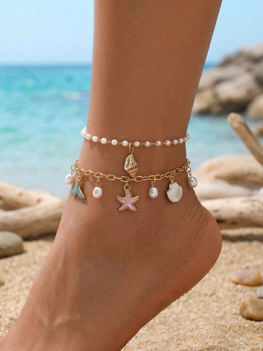 2pcs/Set Summer Faux Pearl Anklet, Fashionable Sweet Glazed Starfish & Shell Pendant Anklet Jewelry, Suitable For Daily Wear, Beach Travel, And Dating. Chain Length Can Be Customized. - Multicolor - View 1