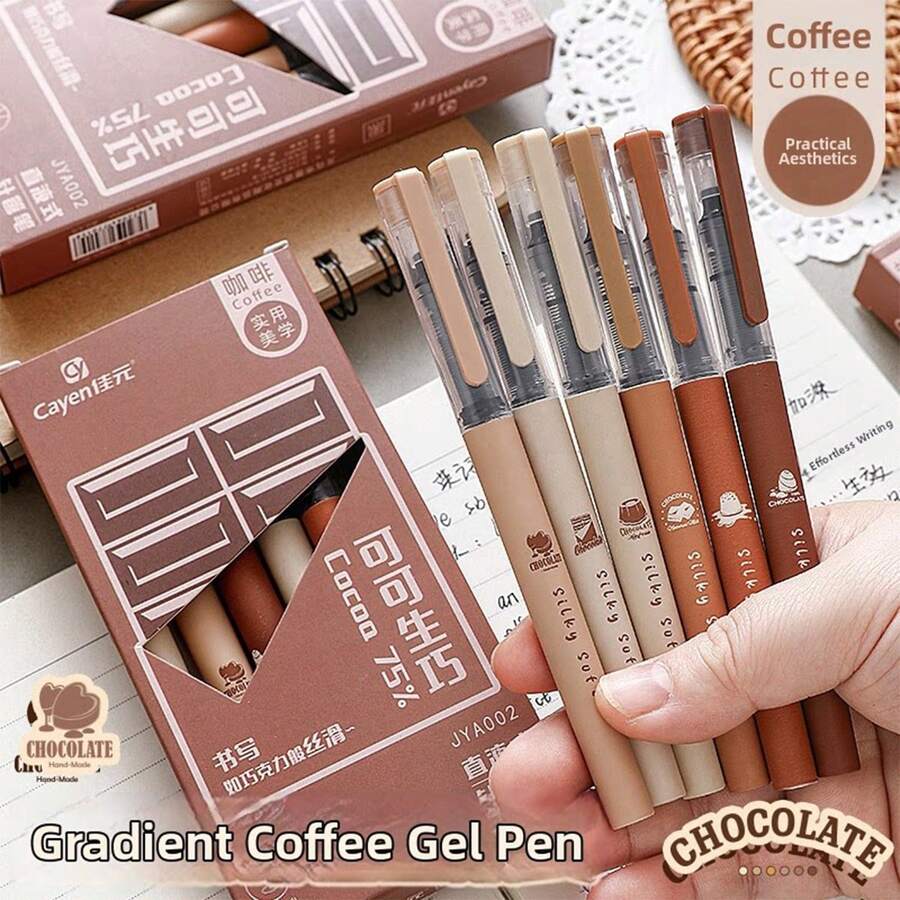 6pcs Coffee Themed Quick-Drying Liquid Ink Gel Pens, Smudge-Proof, Soft Touch, Suitable For Note-Taking, Drawing, School & Office Supplies - Sets - View 1