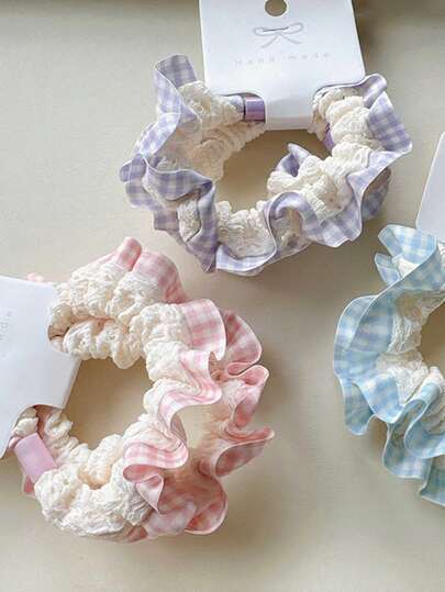 Bộ 2 dây buộc tóc kiểu Hàn Quốc kẻ caro, chất liệu nhăn nhẹ, màu bánh macaron, hai lớp co giãn, mềm mại cho tóc.