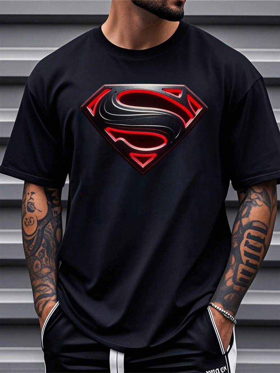 2026 Men's Casual T-Shirt, Printed With Justice League Design, Regular Fit, Suitable For Spring, Summer And Autumn, Streetwear Style. - 黑色 - 查看 1