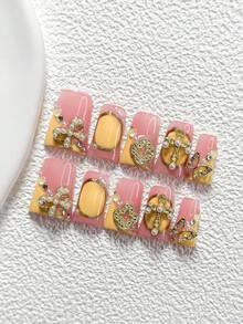 10Pcs Sweet And Spicy Style Handmade Nail Art Set,Unghie Press On,Bow, Cross, Butterfly, Silver Coin Nail Art Accessories,Includes Nail Tools,3 Sizes Available,Almond Nails , Duck Nails,Coffin Nails For Party, Dance, Daily Wear. - 彩色 - 查看 14
