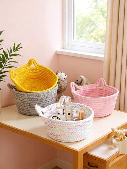 Giỏ đựng đồ hình tai mèo đan bằng dây thừng, hộp đựng đồ trang điểm và đồ dùng gia đình cỡ trung bình để bàn, vật trang trí thủ công cho phòng khách và phòng trẻ em.