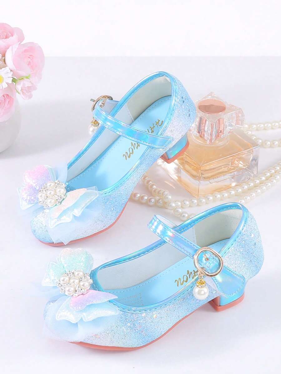 Shiny Rainbow Princess Girl's High Heels, Glitter Blue Formal Shoes With Faux Pearl And Rhinestone Decor, Non-Slip Rubber Sole, Closure, Suitable For Performance And Party - Blue - View 1