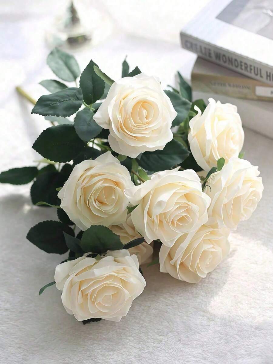 9 pièces Bouquet de roses en soie artificielle, convient pour la maison, le bureau, les fêtes, la décoration de mariage, le jardin, centre de table de mariage, décoration de mariage, fleur artificielle, glace claire de jardin, plante décorative artificielle, décoration - Beige - Voir 1
