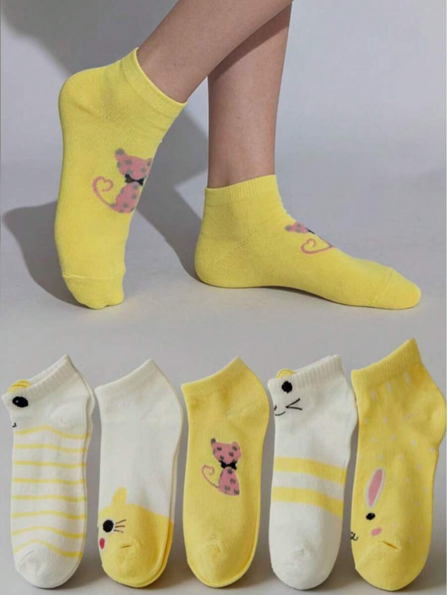 Conjunto de 5 pares de meias femininas minimalistas com estampa de gatinhos fofos, respiráveis e versáteis para uso diário, atividades ao ar livre, viagens, ciclismo, exercícios, até para beber, com franjas, perfeitas para sorvetes e meias até o joelho. - Multicolorido - Ver 1