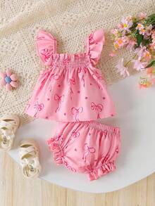 Bộ đồ 2 món dễ thương cho bé gái gồm áo hai dây và quần short, trang phục thường ngày và mùa hè. - Màu Hồng  Dưa hấu - Xem 1