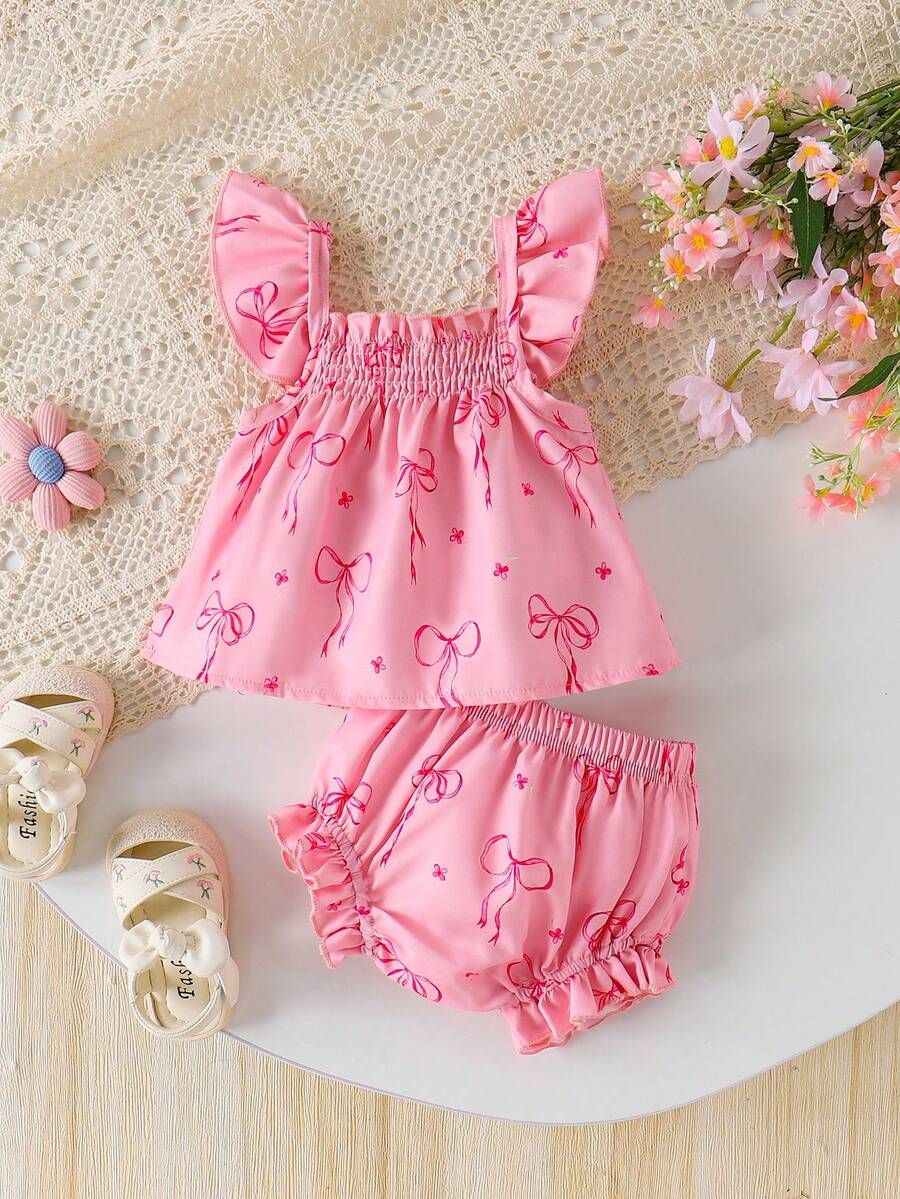 Bộ đồ 2 món dễ thương cho bé gái gồm áo hai dây và quần short, trang phục thường ngày và mùa hè. - Màu Hồng  Dưa hấu - Xem 1