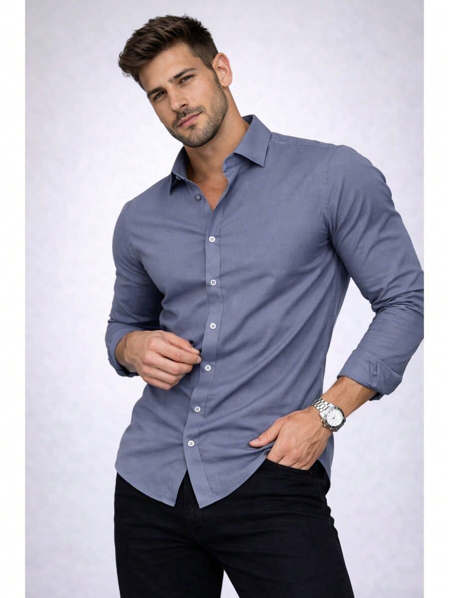 Men's Slim Fit Long Sleeve Plain Dress Shirt Stilo - 灰色 - 查看 1