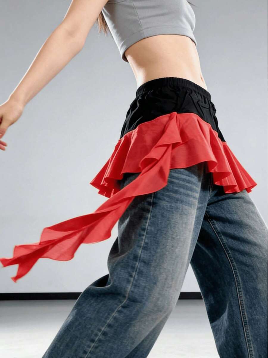 1pc Jazz Dance Ruffle Hem Niche Hip Scarf Waist Tie, Versatile Waist Skirt For Street Dance - Multicolor - View 1