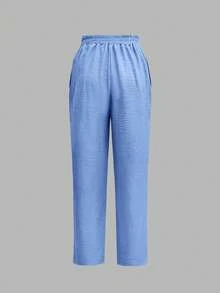 Pantalones elegantes y casuales de moda para mujer con bolsillos en ángulo y detalles de botones, adecuados para ir al trabajo, color negro, primavera - Celeste - Ver 4