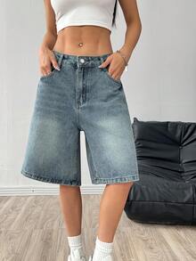 Pantalones cortos vaqueros anchos y sueltos de lavado claro vintage para adolescentes y niñas, ropa casual de calle - Lavado ligero - Ver 7