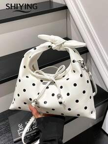 Fashionable Polka Dot Handbag, Women's Multi-Function Shoulder Crossbody Bag, Retro Bow Decor Drawstring Crescent Bag - Multicolor - View 14