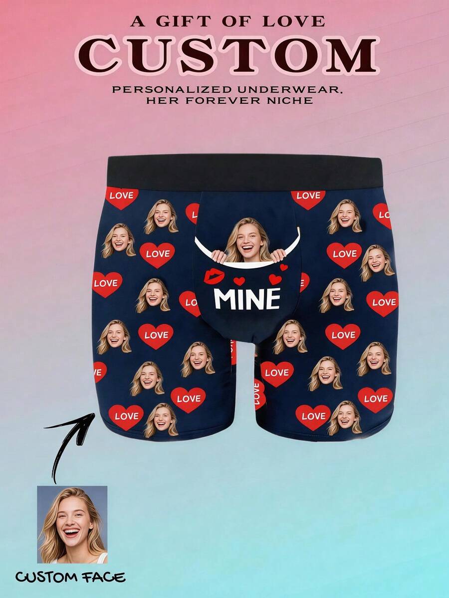1 chiếc quần boxer nam in hình khuôn mặt và chữ "MINE" theo yêu cầu, quần lót in ảnh cá nhân hóa dành cho nam, quà tặng hài hước nhân dịp Lễ Tình nhân và Kỷ niệm.