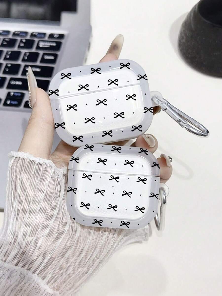 INS Style Polka Dot Bow Earphone Protective Case, Transparent Anti-Drop Earphone Case With Hanging Hook Earphone Storage Pouch - Black - View 1