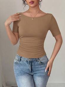 PRETTYGARDEN Womens Summer Short Sleeve Tops Boat Neck Ribbed Knit Slim Fit T Shirt Casual Basic Top Y2K Clothes - 淺卡其 - 查看 3