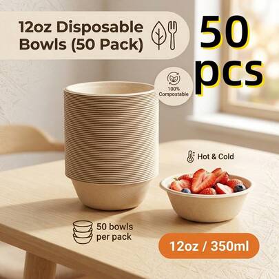 50pcs/Pack Thick 350ml/12oz Paper Bowls, Suitable For Salad, Ice Cream, Dessert And Soup, Applicable For Party, Catering And Daily Use, Also Suitable For Wedding And Graduation Party, Disposable Paper Bowls