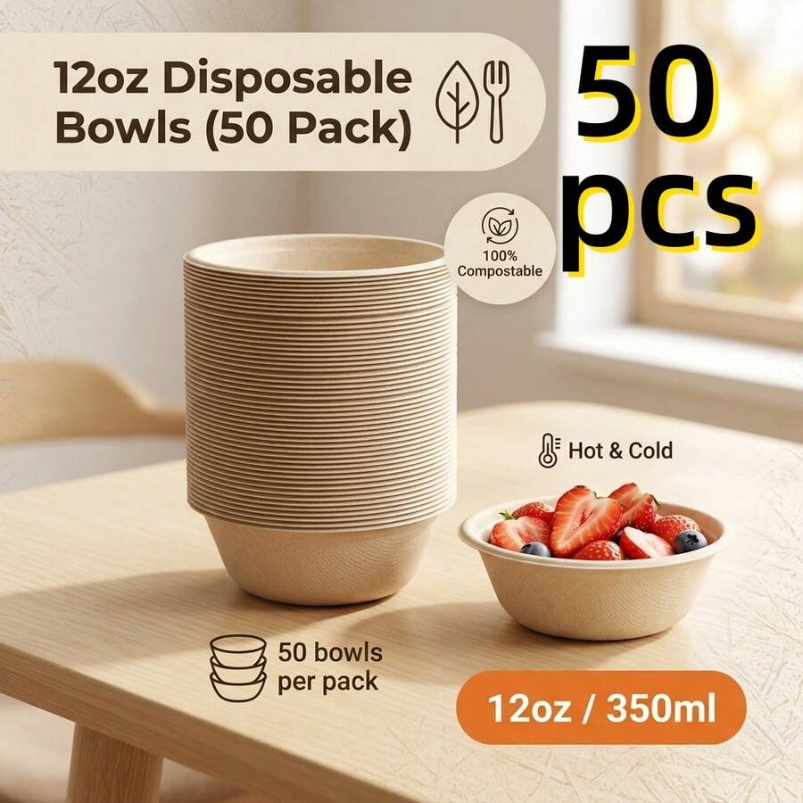 50个/包，加厚型350毫升/12盎司纸碗，适用于沙拉、冰淇淋、甜点和汤，可用于派对、餐饮和日常使用，也适用于婚礼和毕业派对，一次性纸碗。 - 彩色 - 查看 1