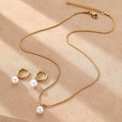 1 Bộ dây chuyền trang sức nữ bằng thép không gỉ, đính ngọc trai, kiểu dáng tối giản thanh lịch, màu vàng, phù hợp để đeo hàng ngày, dự tiệc, hoặc làm phụ kiện cho kỳ nghỉ hè.