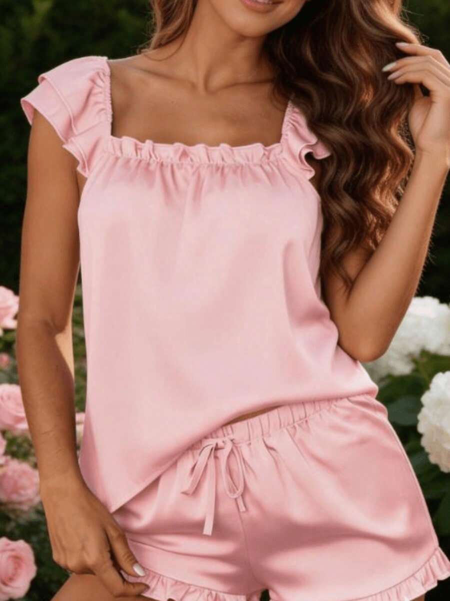 Women Satin Pajama Set Flutter Sleeve Tops And Drawstring Ruffled Shorts 2 Piece Sleepwear Outfit - Pink - View 1