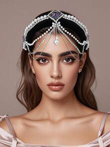 شريط رأس مرصع بالكريستال الناعم والخرز الاصطناعي، إكسسوار شعر فاخر بتصميم أميري مرصع بالراين ستون، مناسب للزفاف والخطوبة والمناسبات والحفلات والاستخدام اليومي، إكسسوار شعر - الأسود - مشاهدة 5