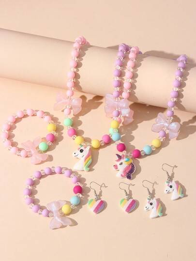 Bộ 4 món gồm dây chuyền và vòng tay đính hạt hình ngựa con dễ thương, thích hợp làm quà tặng cho bé gái trong các dịp lễ, đi học, sinh nhật, nhiều màu sắc ngẫu nhiên.