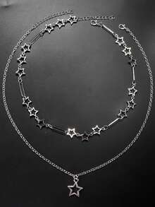 2件套个性化朋克风镂空星星双层项链女士Y2K时尚节日派对配饰礼物 - 星星 - 查看 2