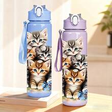1 pieza Botella de agua deportiva de 750ml/26oz con diseño impreso en 3D de gato, 5 opciones de color, con correa de asa para transportar fácilmente, compacta y ligera, adecuada para exteriores, viajes, campamentos, escuela, oficina, excelente regalo de Navidad o cumpleaños - Multicolor - Ver 10