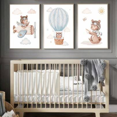 1pc Canvas Wall Art With Frame, Suitable For Children's Room, Bear And Airplane Theme Kids Room Art, Teddy Bear Theme Children's Room Wall Art, Ideal For Nursery, Playroom, Kindergarten, Boys/Girls Room And Play Area, Waterproof, Party Gift, Newborn Gift, Boho Style Decor Poster