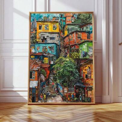 1 st livfull favela-tryckkonst, färgglad brasiliansk favela-konst, livlig väggdekor, gatuscen från Rio de Janeiro, handmålad favela-konstverk, kreativ kanvasväggkonst lämplig för hem, sovrum, kök, vardagsrum, badrum, hotell, café, bar, kontor, badrum, rumskonstverk, kanvasväggkonstposter