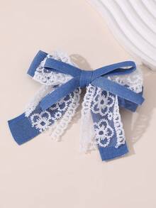 1个女童优雅甜美牛仔蝴蝶结蕾丝发夹，适合春夏日常佩戴 - 彩色 - 查看 7