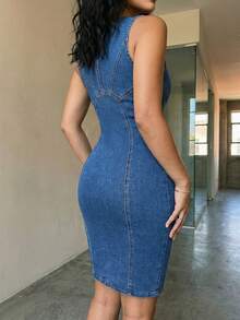 Women's Solid Color Casual Non-Stretch Slit Denim Dress, Simple Slim Fit Versatile Midi Dress Hip-Knee Short Skirt, Worn On The Street In Summer. - 中等水洗藍 - 查看 3