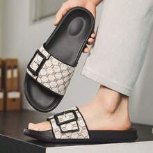 男士复古图案拖鞋，单带设计，防滑耐磨，平底，舒适百搭 - 白色 - 查看 5