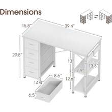 Discount Processing,White 40 Inch Small Computer Desk With 4 Fabric Drawers, Modern PC Desk For Small Spaces, Home Office Desk With Storage Shelves, White - 白色 - 查看 3
