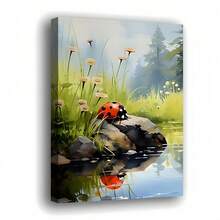 Lienzo artístico plano 2D de 29.97*44.96 cm, enmarcado en madera, con una mariquita manchada de color rojo y negro, descansando sobre una roca, rodeada de tierna hierba verde y pequeñas flores blancas en el horizonte. - Sin marco - Ver 2