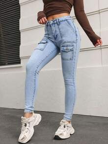 Skinny Cargo Jeans, Washed, Stretchy, With Multiple Buttoned Pockets, Butt-Lifting Effect, Tummy Control And Fitted Cuffs - Light Wash - View 4