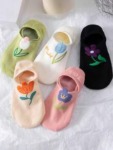 5 Pairs Women Floral Pattern Invisible Socks, Comfortable Breathable Suitable For All Seasons, Random Colors - Multicolor - View 2