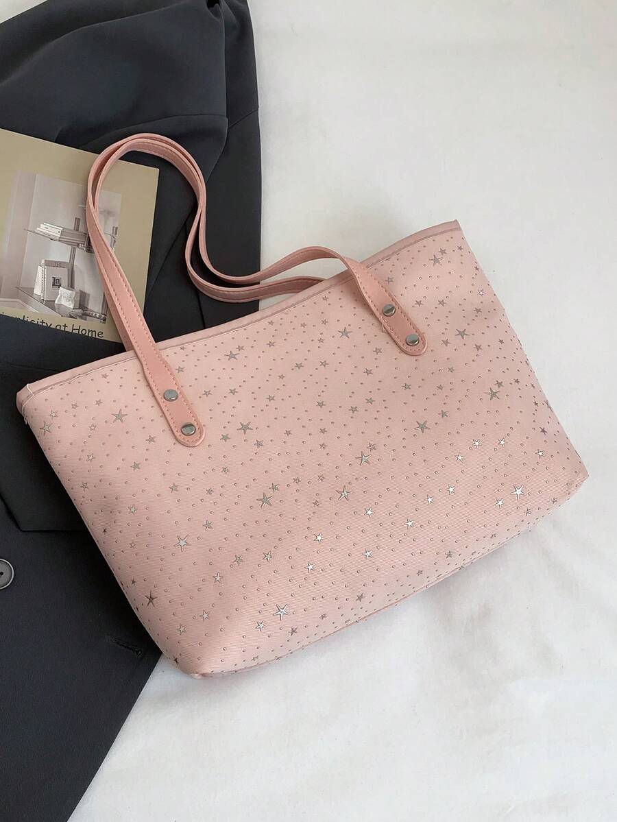 New Star Pattern Tote Bag, Nylon Fashion Large Capacity Shoulder Bag For Women - Pink - View 1