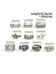 10pcs/Set Fashionable Street Style Dice & Pentagram Ring Set, Daily Wear Accessories - Antique Silver - View 6