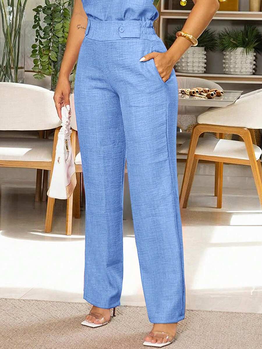 Women's Fashionable Casual Elegant Pants With Slant Pockets And Button Details, Suitable For Commuting Spring - Baby Blue - View 1