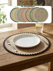 1pc/4pcs Jute Placemats, White Shell Embroidered Round Placemats, Multi-Color Options, Suitable For Dining Decor, Heat Insulation, Tabletop Decoration, Living Room Decor, Applicable For Daily Use, Weddings, And Various Festivals - White - View 1