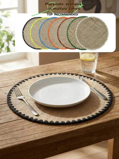 1pc/4pcs Jute Placemats, White Shell Embroidered Round Placemats, Multi-Color Options, Suitable For Dining Decor, Heat Insulation, Tabletop Decoration, Living Room Decor, Applicable For Daily Use, Weddings, And Various Festivals