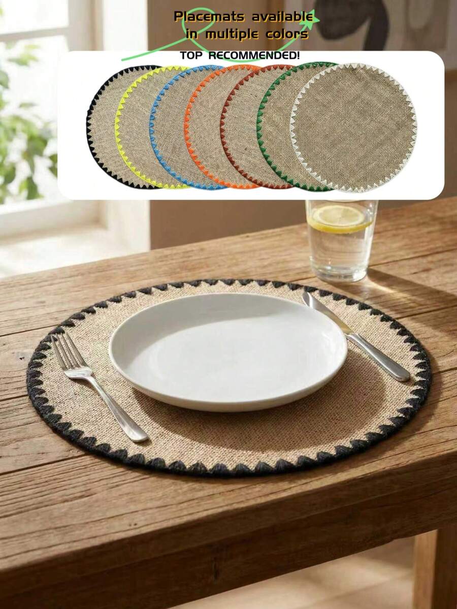 1pc/4pcs Jute Placemats, White Shell Embroidered Round Placemats, Multi-Color Options, Suitable For Dining Decor, Heat Insulation, Tabletop Decoration, Living Room Decor, Applicable For Daily Use, Weddings, And Various Festivals - White - View 1