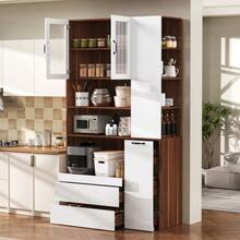 Tall Sideboard With Adjustable Shelves And Drawers, Sideboard With Removable Shelves And Fluted Glass, Ideal For Dining Room, Living Room And Kitchen (White+Natural) - Natural Color - View 5