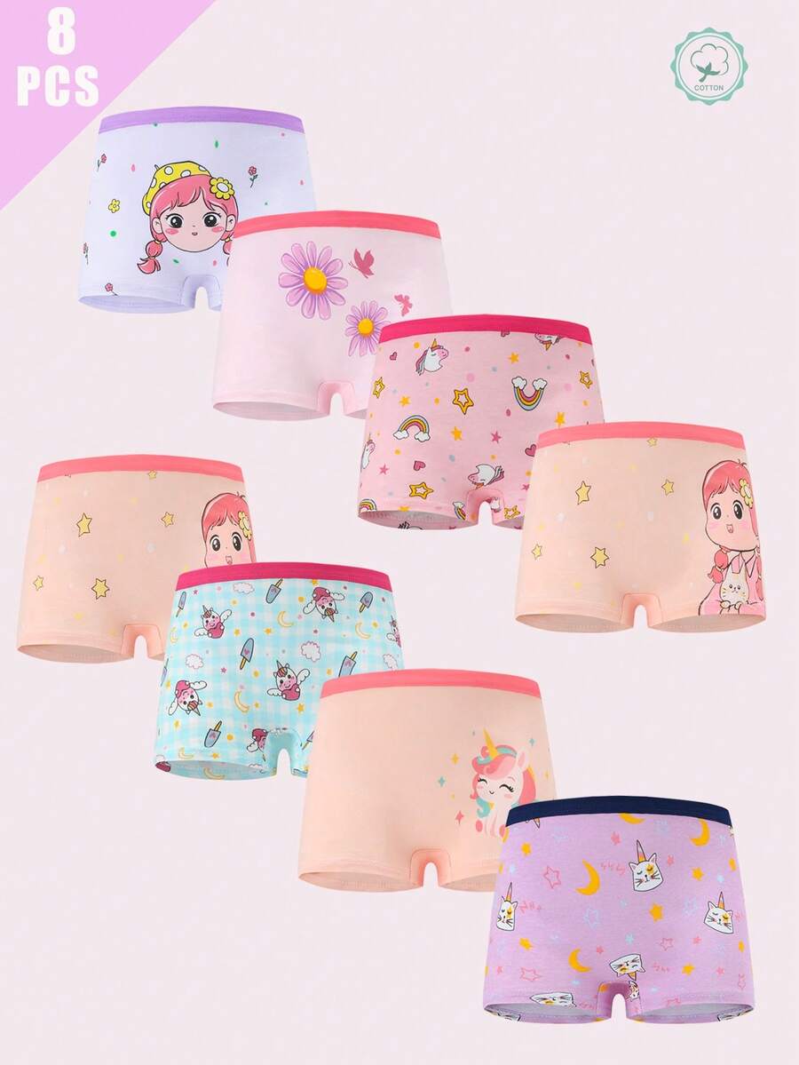 8pcs/Pack Girls' Cute Cartoon Print Panties - Multicolor - View 1