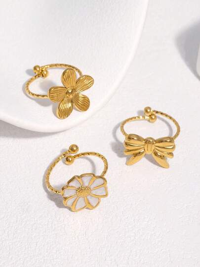 3pcs/Set European And American Fashion INS Minimalist Elegant Sweet High-End Plated Gold Stainless Steel Flower Bow Knot Open Ring, Suitable For Women's Daily, Party, And Date Wear