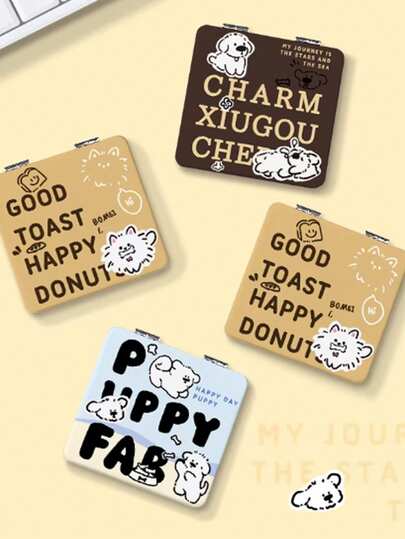 1个方形可爱卡通手持化妆镜，双面高清便携折叠翻转镜，口袋大小，适合户外旅行日常补妆