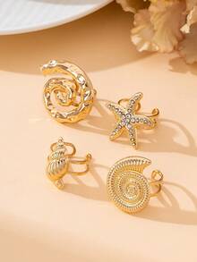 4pcs Summer Vacation Ocean Style Sparkling Gold Starfish & Shell Mixed Elements Women's Ring Set - Yellow Gold - View 3