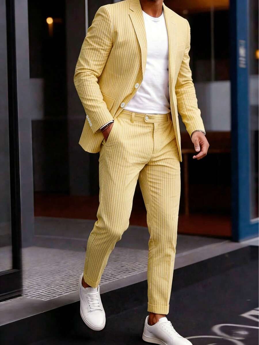 Men's Suit 2-Piece Set - Solid Seersucker Single-Breasted Jacket, Essential For Casual Activities, Weddings, Parties, And Business Occasions, Classic Tailoring Formal Style, High-Quality Tailored Seersucker Fabric, Fashionable Gentleman Style - 黃色 - 查看 1