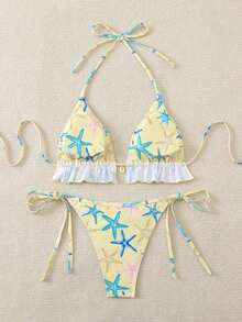 Swim Mod Women's Swimsuit, Two-Piece Bikini Set With Halter Neck, Ruffles And Bow In Solid Color For Summer - 多色 5 - 查看 2